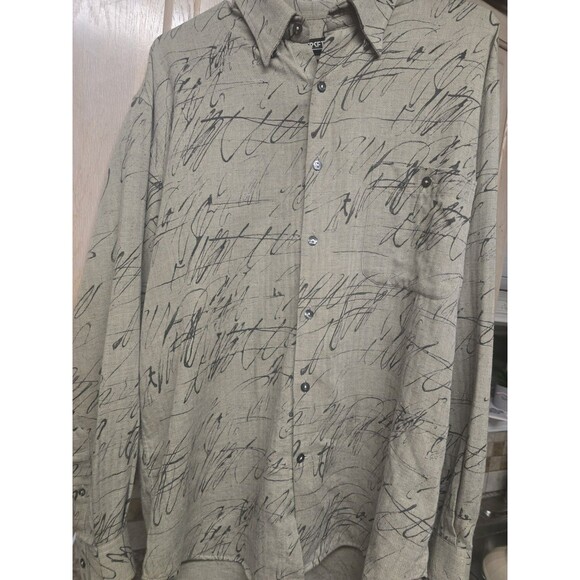 Vintage Merseta Italy Shirt Mens M Beige Herringbone Abstract Print Button Up - Picture 2 of 16